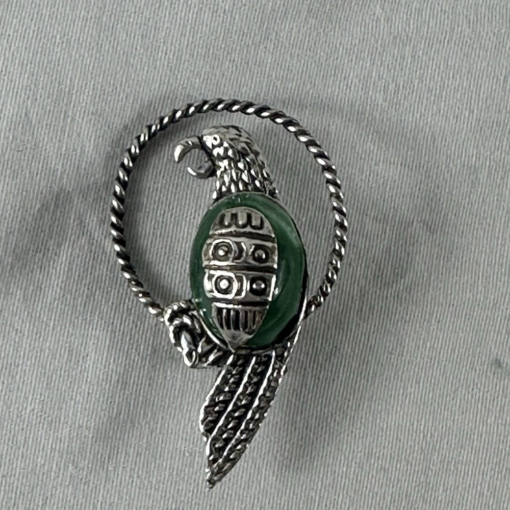 1940-50s Vintage Sterling Silver Malachite Parrot Brooch‎ Mexico Tax Stamp 925